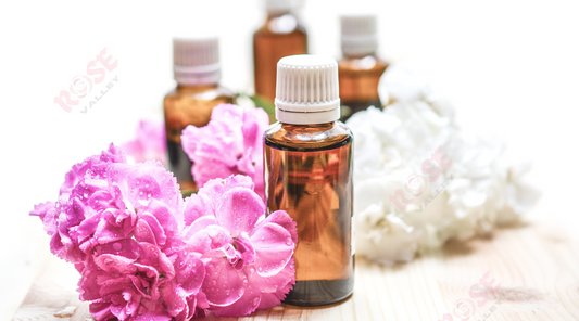 Assorted essential oil bottles with Australian native plants.