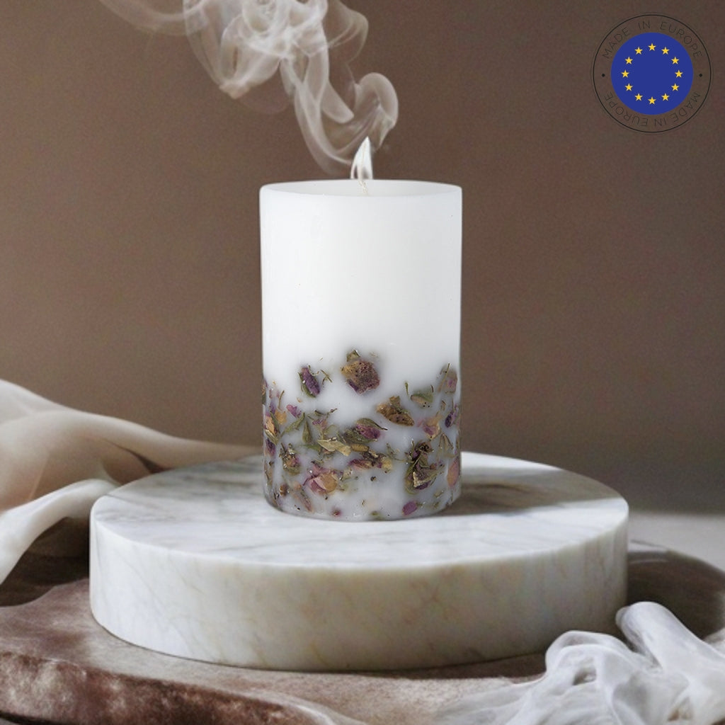 Aromatherapy Rose Essence Candle, illuminating amidst scattered rose petals, creating a romantic setting